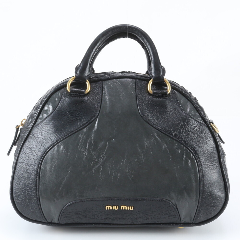Miu Miu Miu Leather Handbag Tote Bag Mini Boston Black with Gold Hardware Wom...